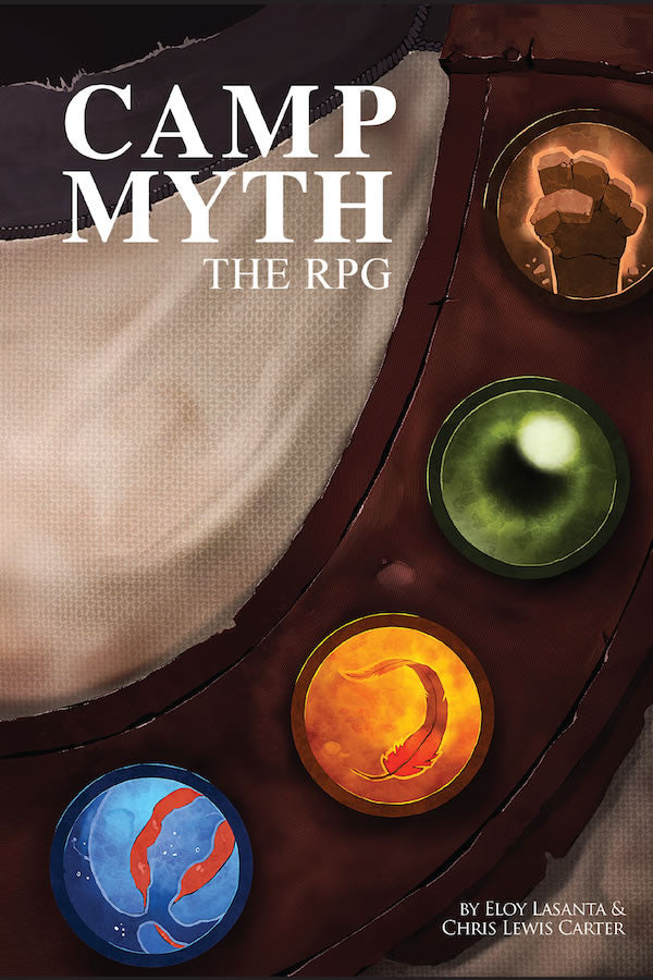 Merit badges are displayed on a leather sash.  Different symbols include: a fist of stone, a green iris and pupil, a feather, and some micro-organism amoeba.  Cover reads: "Camp Myth: The RPG".