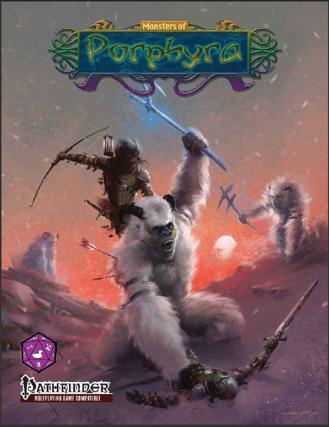 Massive snow apes (Yeti) battle a fighter and ranger as snow whips around the icy mountain scape.  Cover reads: "Monsters of Porphyra". Pathfinder Compatible.