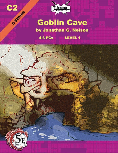 The rock formations that serve as what appears to be the entrance to a river cave, bear the striking resemblance to that of a goblin with it's open mouth serving as the entrance to the cave.  The pink/purple border that surrounds the main image contains old-style graphed dungeon mapping in the style of Gary Gygaxs' original D&D modules. Cover reads: "Goblin Cave". 4-6 PCs; Level 1; C-series; C2; D&D 5E Compatible. 