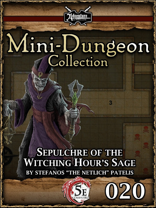 A wraith sage adorned in purple ceremonial headdress and robes is holding an incense burner and emerald adorned scepter. A section of map provides the backdrop. Cover reads: "Mini-Dungeon Collection: Sepulchre of the Witching Hour's Sage". 5E compatible.