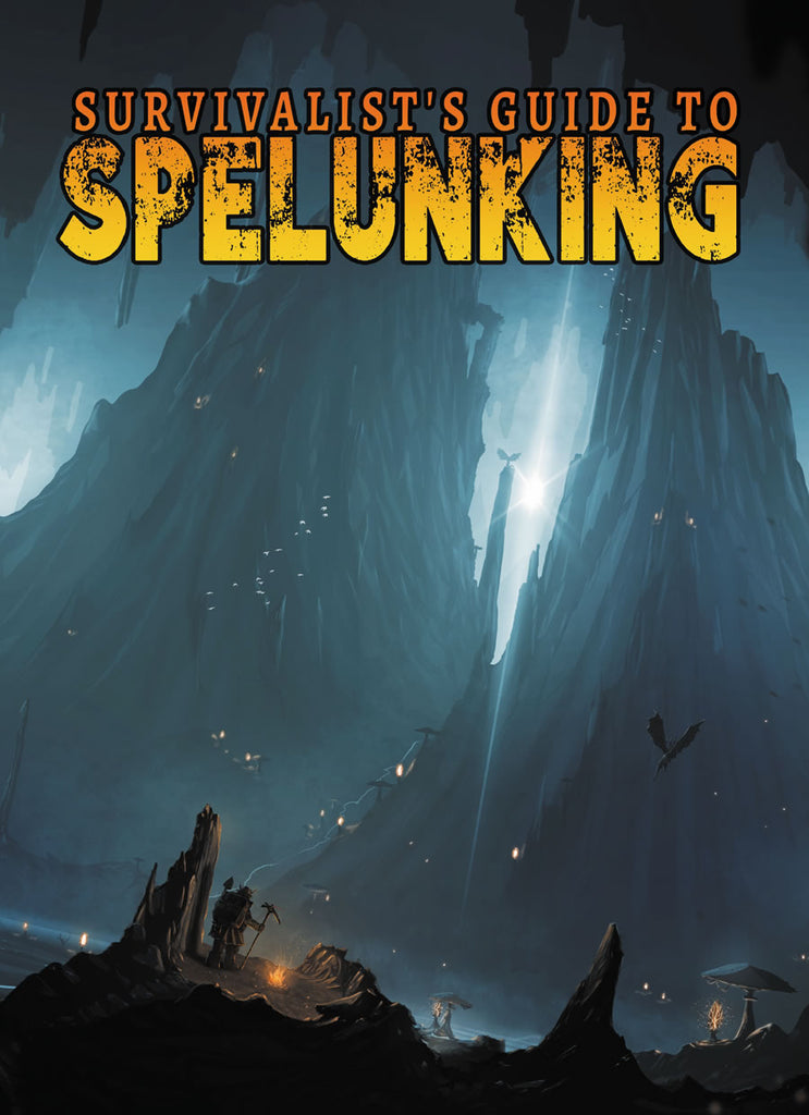Giant stalagmites rise from the floor of this enormous underground cavern.  One spelunker holds his pick axe standing near a fire.  Other fires and torches can be seen along a path. Cover reads: "Survivalist's Guide to Spelunking".