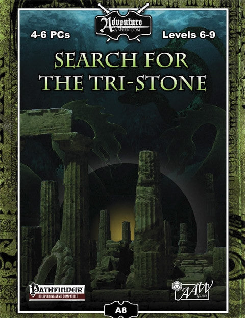 Ancient undersea ruins stand untouched; a glow emanates from behind, hinting that something lie within. Cover reads: "Search for the Tri-Stone".  Pathfinder Compatible. 