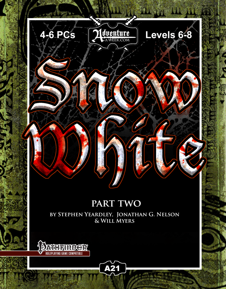 A shattered mirror fills the background as the title in white letters is splattered red with blood.  Cover reads: "Snow White". Pathfinder compatible.