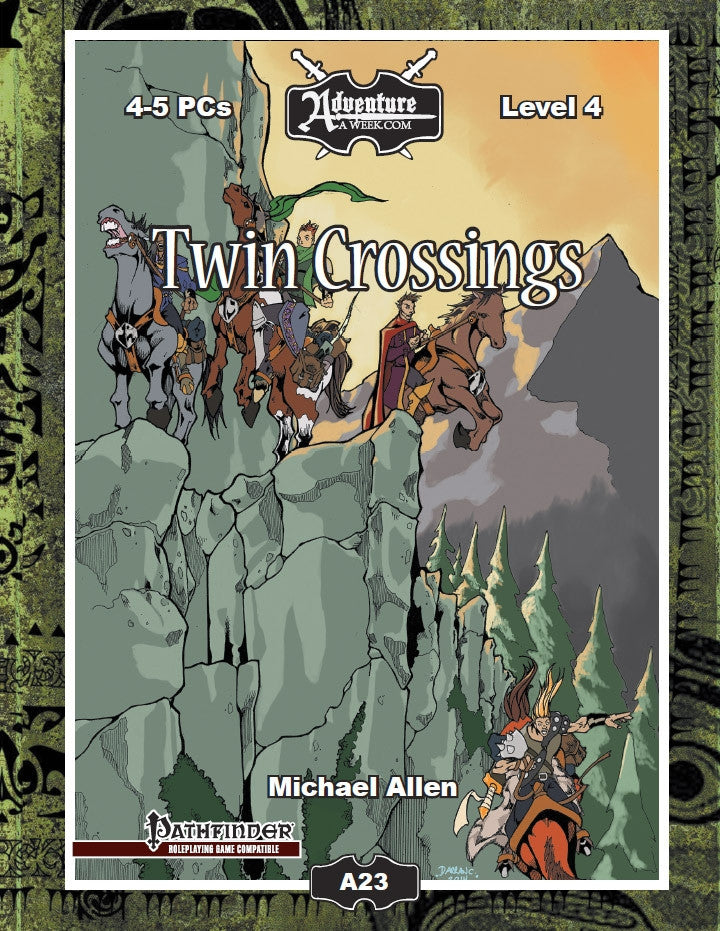 4 adventurers on horseback navigate a treacherous mountain pass.  A rock slide sends horses rearing as one rider and mount go over the edge.  Cover reads: "Twin Crossings".  Pathfinder Compatible.