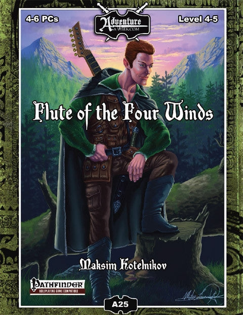 A bard stops to survey his surroundings, propping his foot on a fallen tree's stump.  His 6-stringed instrument strapped to his back. Cover reads: "Flute of the Four Winds". Pathfinder Compatible.