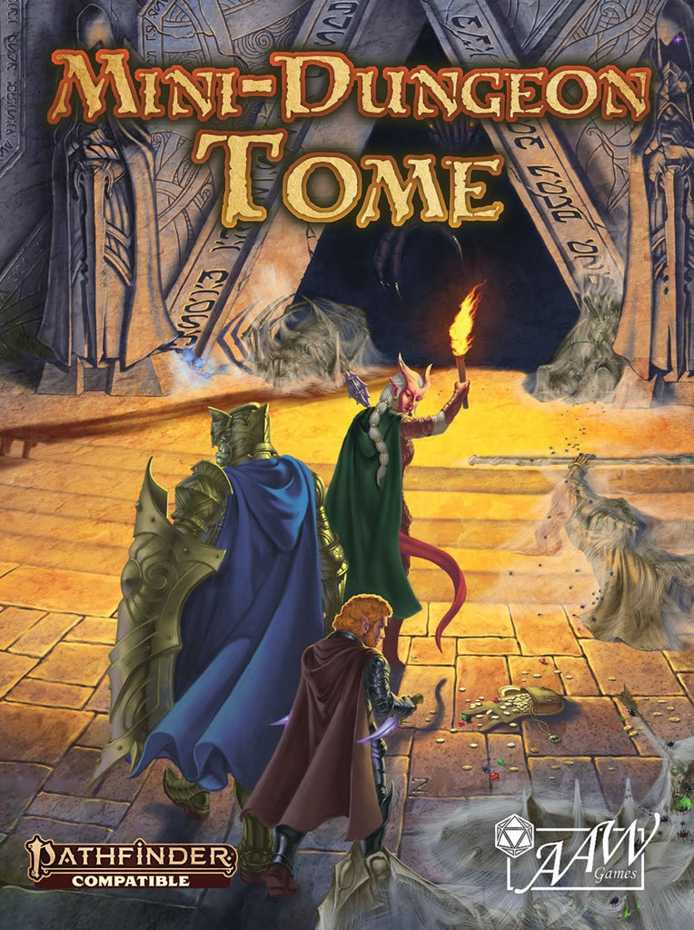 3 adventurers at the entrance to a triangular, stone door are distracted by a scene of scattered corpses and riches. A monster lurks within the doorway.