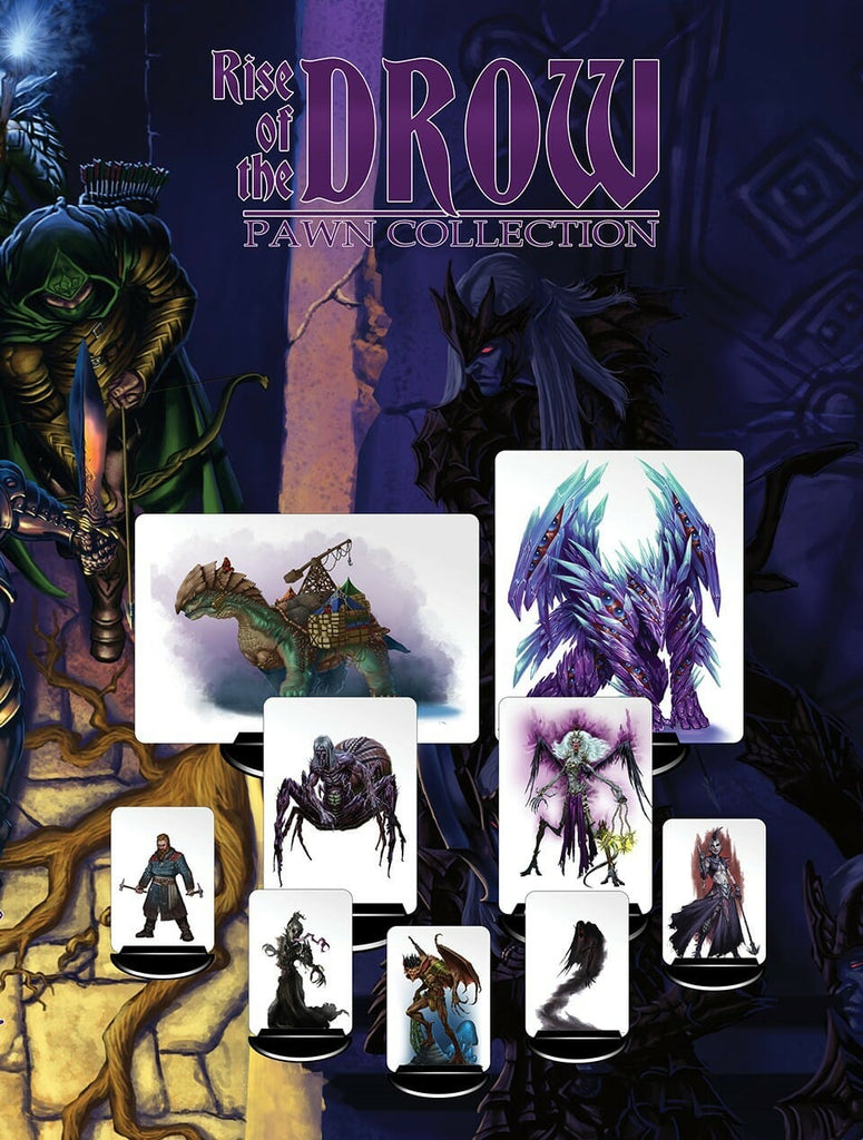 Cover art shows adventurers moving through a corridor with a Drow Elf concealed behind a wall. Various images of pawns include a lizard carrying lumber and crane; a Drow-spider-centaur; among others. Cover reads: "Rise of the Drow: Pawn Collection".