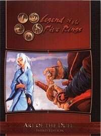 Dualists ready themselves with hands moving for Samurai swords.  A female in blue and a man in red.  Five tokens with varying symbols: Earth, Wind, Fire, Water, and Void. Cover reads: "Legend of the Five Rings: Art of the Duel".  