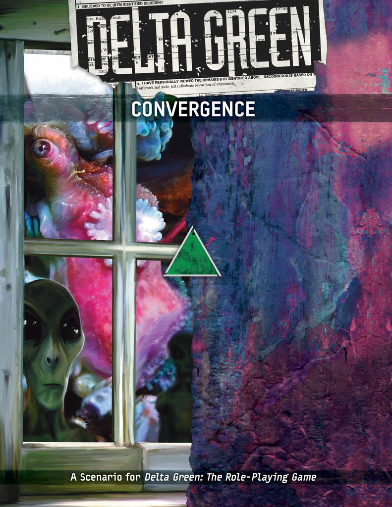 A green alien and a multi-colored creature gaze into a window. "Delta Green Convergence. A scenario for Delta Green: The Role-Playing Game."