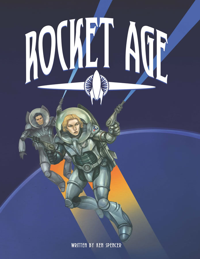 A male and female duo in armored space suits with jetpacks fire laser guns at some off screen foe.  Cover reads: "Rocket Age".