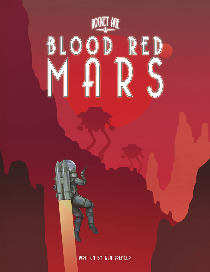 A person in an armored space suit takes a jet-pack ride to get a closer look at two mech-armored gun ship walkers.  Differently shaded panels give a sense of depth and dimension to this mountain scene.  Stellar orbs filling the sky suggest sun and moon.  Cover reads: "Blood Red Mars".