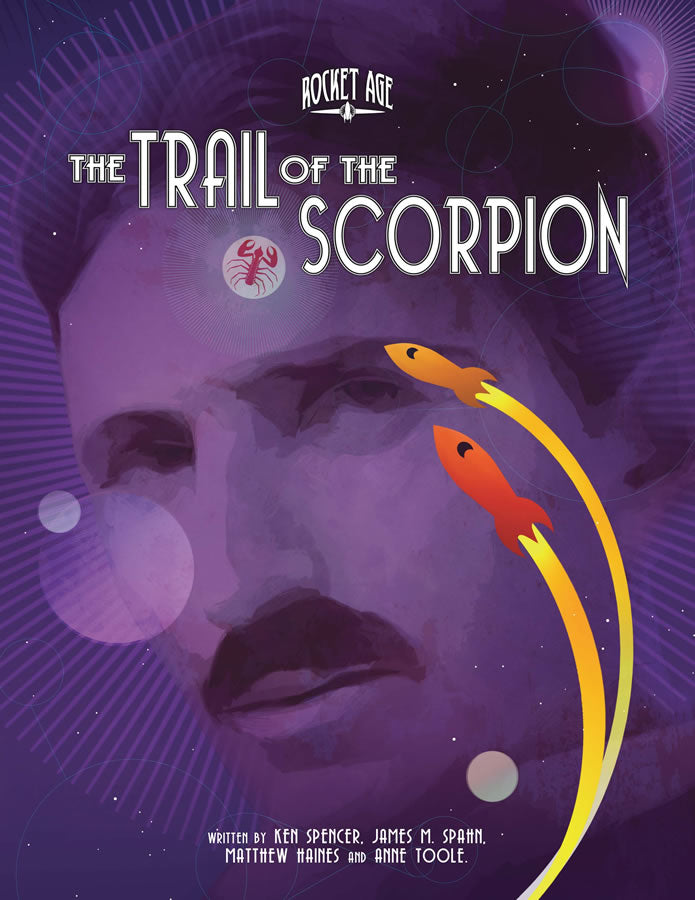 Runic symbols and planetary orbs are visible behind the image of a man's face.   2 rockets fly up and curve around as if to orbit the man's face. Cover reads: "Rocket Age: The Trail of the Scorpion".