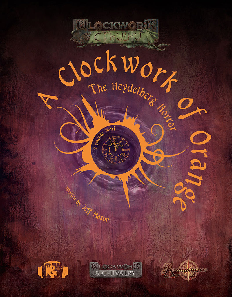 From the center a clock with Roman numerals ticks at 2 minutes until midnight. "Memento Mori" is here in Latin. An orange outline with tentacles foreshadows a great evil lurks. The background resembles a tempest, whirlpool or dimensional hole.  Cover reads: "A Clockwork of Orange: The Heydelberg Horror".