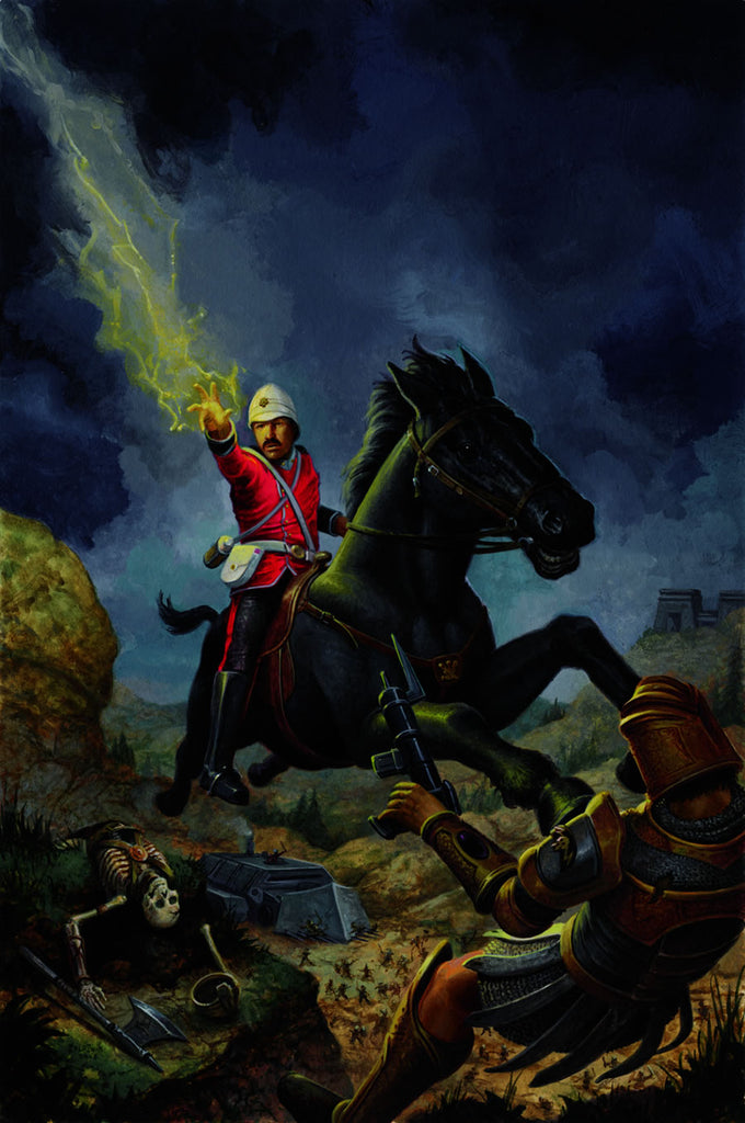 A British soldier wearing a red coat and white helmet is riding a black stallion.  His mount tramples over an ancient warrior armed with a modern rifle.  The soldier on horseback wields magic and fires lightning bolts from his fingertips at some unseen foe.  In the valley below a battle rages.