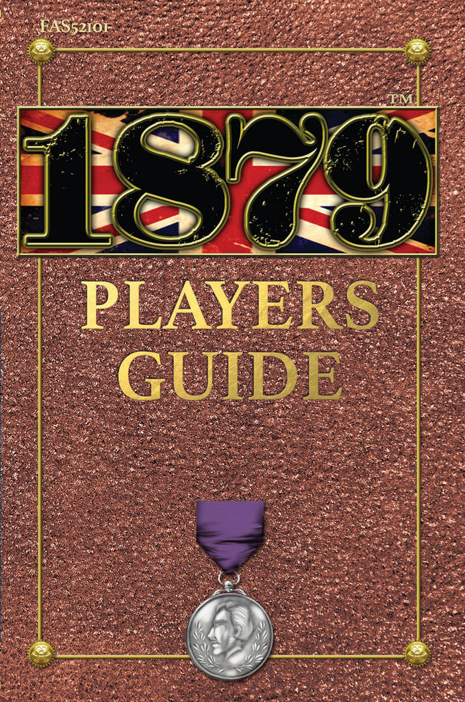 This book cover imitates the texture of leather bound journals of old.  A medal is displayed as if "pinned" to the book jacket.  It is a silver medal with purple ribbon.  On the medal is the profile of a prominent man with olive branches or laurels around the bottom.  Cover reads: "1879 Players Guide".