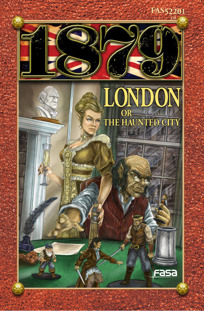An elderly orc-man and lovely elf-woman are moving miniatures around on a green felt table. The woman has a miniature of Big Ben's clock tower. The other miniatures resemble the two and are meant to represent the characters found in previous 1879 stories.  Cover reads: "1879: London or The Haunted City".