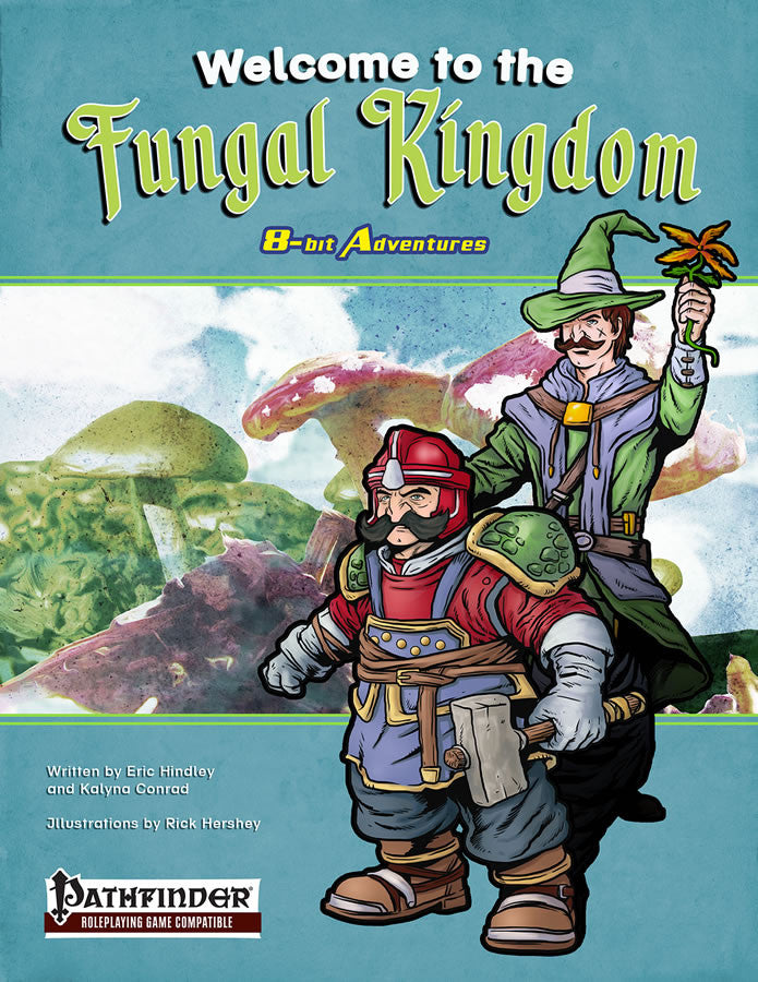 A gnome wearing tortoise-shell shoulder pads stands stout with his hammer ready.  Behind him, a druid holds up an herb component as if to start an incantation.  An island of mushrooms fills the background. Cover reads: "Welcome to the Fungal Kingdom: 8-bit Adventures".