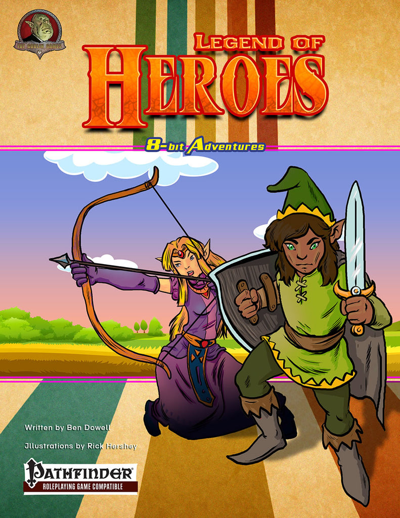 A dark-skinned elven male with green eyes stands with sword and shield.  A light skinned elven female in purple draws back her bow. Cover reads: "Legend of Heroes: 8-bit Adventures".