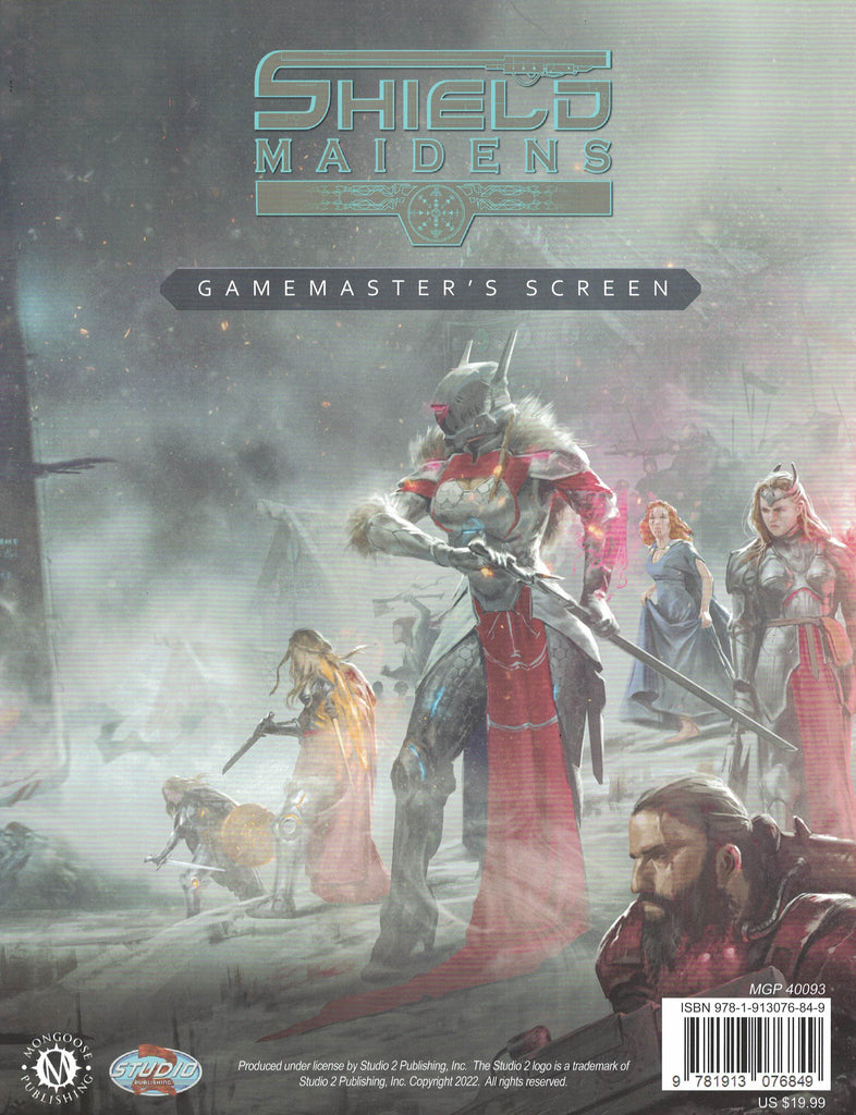 A line of diversely dressed warriors marches forward through a snowy scene. "Shield Maidens Gamemaster's Screen."