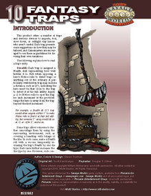 A bloodied axe hangs by a chain near an open chest. A thief's tool bag lies open on the floor near an outstretched arm. A pool of blood indicates that the trap was successful. Text includes: "10 Fantasy Traps Introduction".  