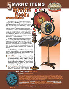 A disembodied eye floats in the air, reading from a large tome by candlelight.  Text reads: "5 Magic Items: Horrific Books".