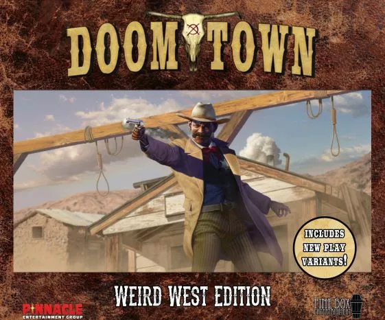 A man in western clothes, standing in front of a gallow aims his pistol. "Doomtown Weird West Edition. Includes new play variants!"