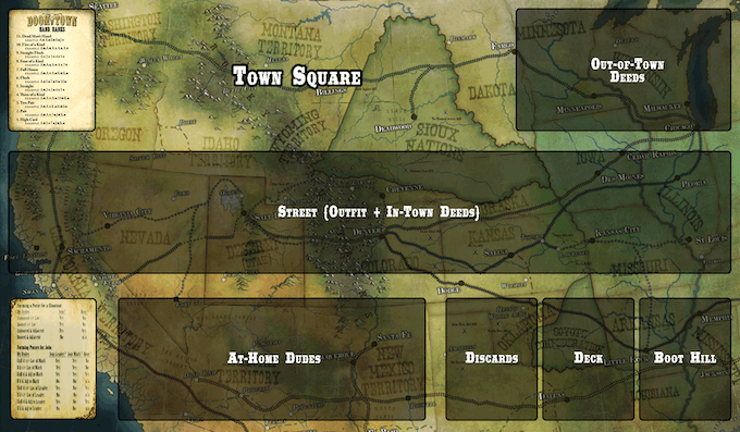 A playmat on an alternative map of the western USA with marked card zones and text boxes.