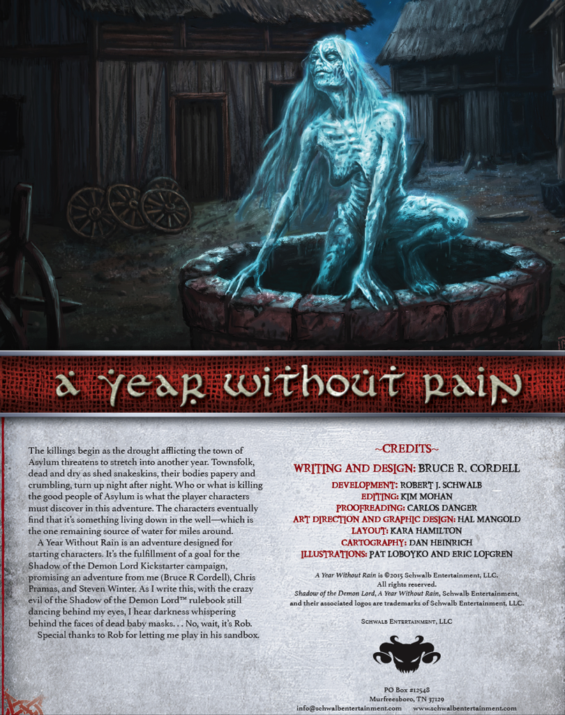 A horrifying banshee emerges from a well.  The village streets empty at night. Cover reads: "a year without rain".  