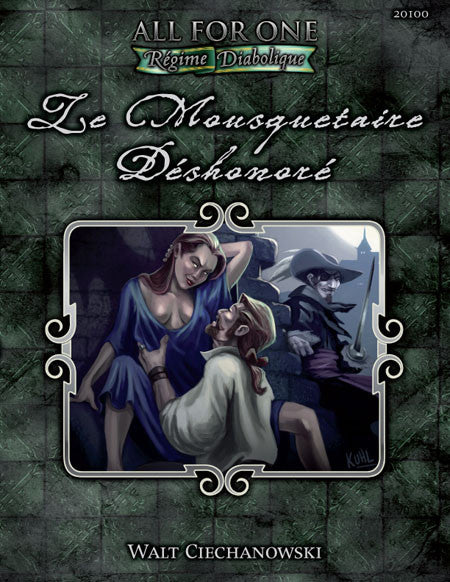 A sultry woman seduces a handsome man while in the shadows a Musketeer wearing an eye patch seems to grin menacingly.  Cover reads: "All For One: Le Mousquetaire Deshonare".