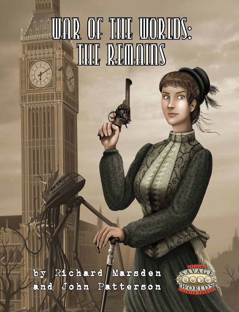 A proper lady in fine clothes leans on her walking stick and points her revolver up to the sky.  In the background an alien Tripod Walker smashes up the clock tower "Big Ben".  Cover reads: "War of the Worlds: the Remains".  