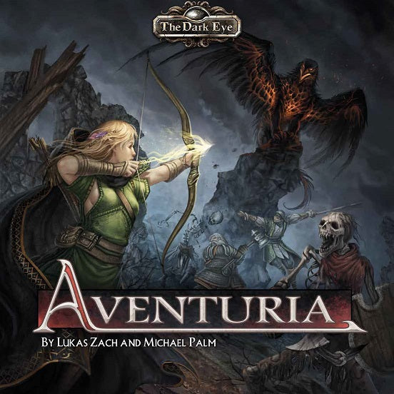 In the ruins skeleton warriors fight against a dwarven male with war hammer, a swashbuckling male with sword and an elven female who is more interested in aiming her magic arrow at the mystical Griffon bursting with an amber energy. Cover reads: "Aventuria: The Dark Eye".