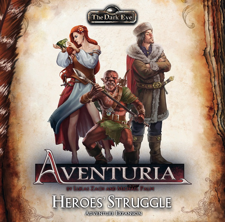 3 adventurers include: an orc with spear; a female druid studies a large toad; a male with sword stands with arms crossed. Cover reads: "Aventuria: Heroes' Struggle".
