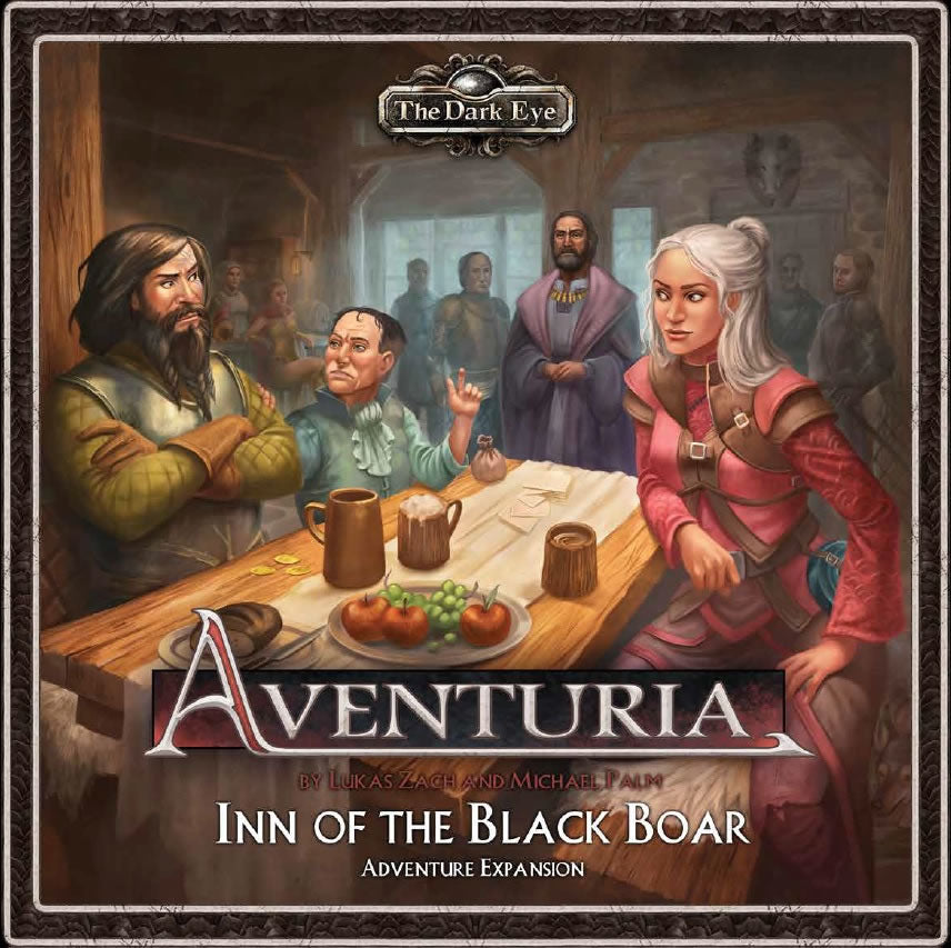 A party of 3 share refreshments in the tavern. There seems to be a matter under consideration as everyone else around seems to be interested in what is being talked over. Cover reads: "Aventuria: Inn of the Black Boar".