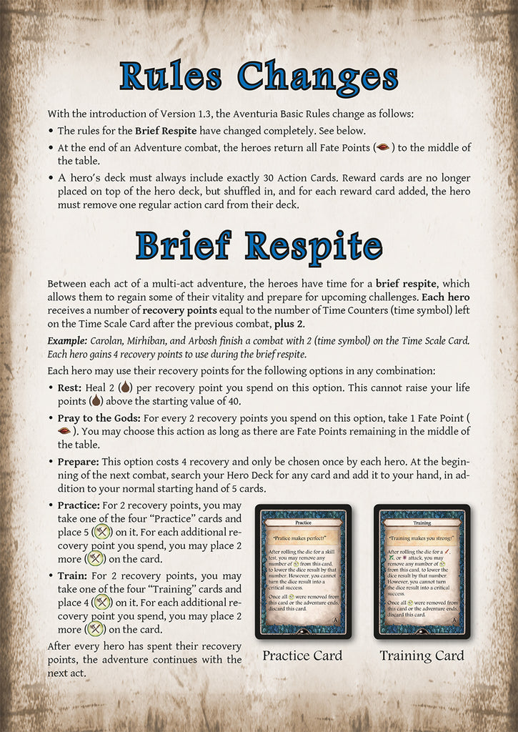 A page explaining the Rules Changes and Brief Respite phase of this card game.