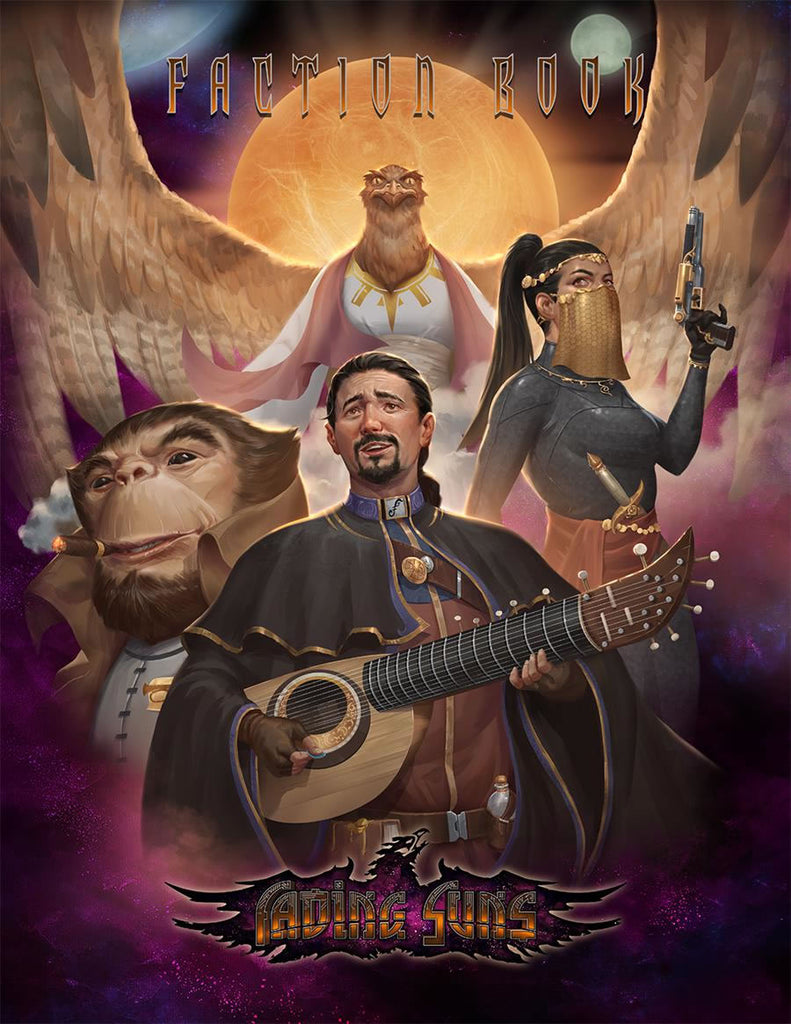 Planetary orbs in the background are visible through the outspread wings of an Eagle person wearing white robes.  A veiled female with a dagger visible in her belt holds a pistol. An amicable looking Ape-man smokes a cigar. A bearded musician with facial goatee strums a stringed sitar instrument. Cover reads: "Fading Suns: Faction Book". 