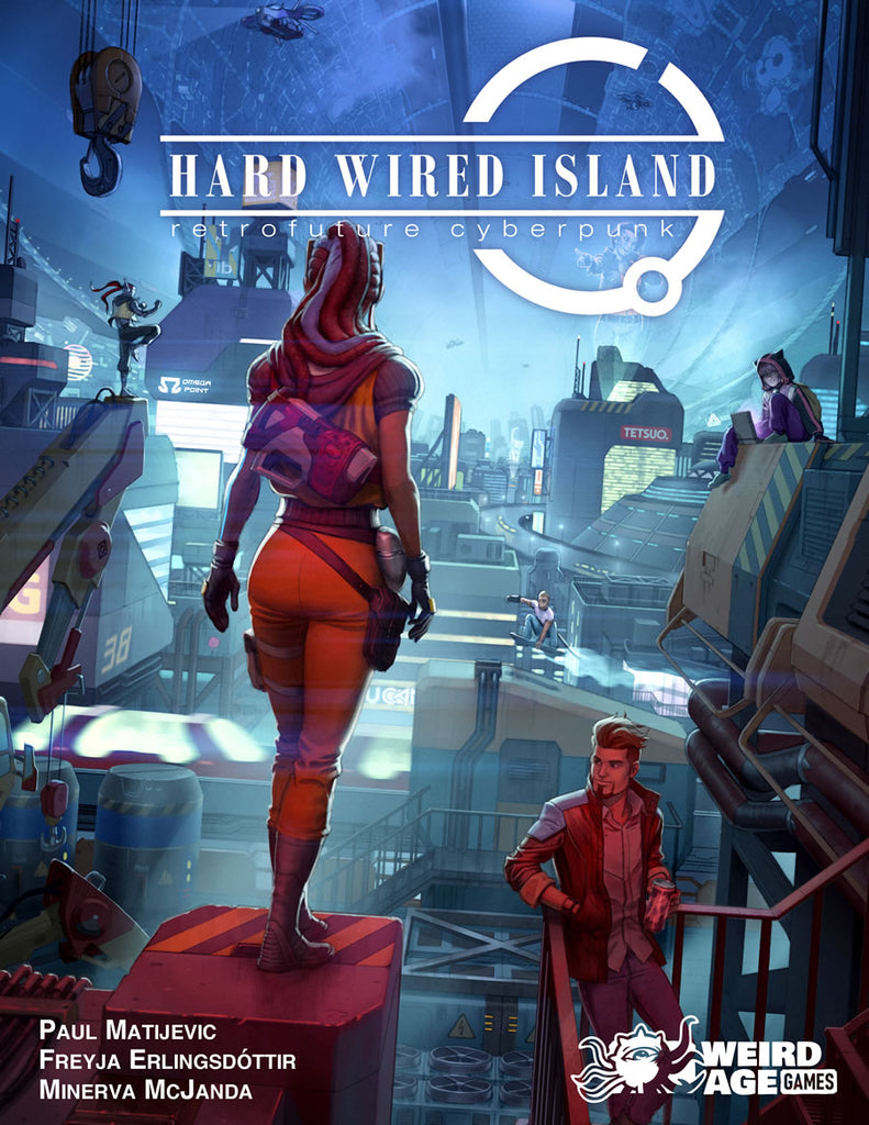 Multiple persons are seen habitating in a retrofuture mall environment located inside a giant cylindrical space vessel.  A female surveys her surroundings from an elevated vantage point.  A male relaxes on the stairs on the landing above, a young female uses a computer.  Down below a young person rides a hoverboard.  Another male practices martial arts.  Cover reads: "Hard Wired Island: retrofuture cyberpunk".