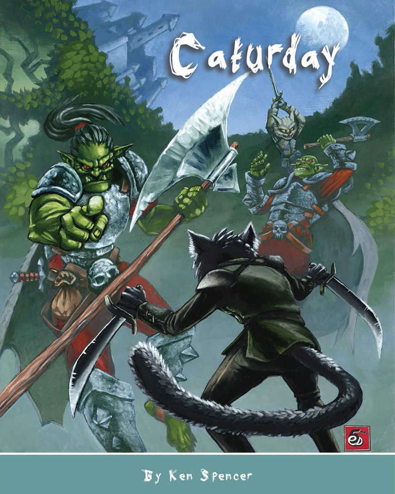 A pair of sword wielding cat people engage in combat with a pair of heavily armored orc soldiers.  A castle looms in the distance.  Cover reads: "Caturday". 
