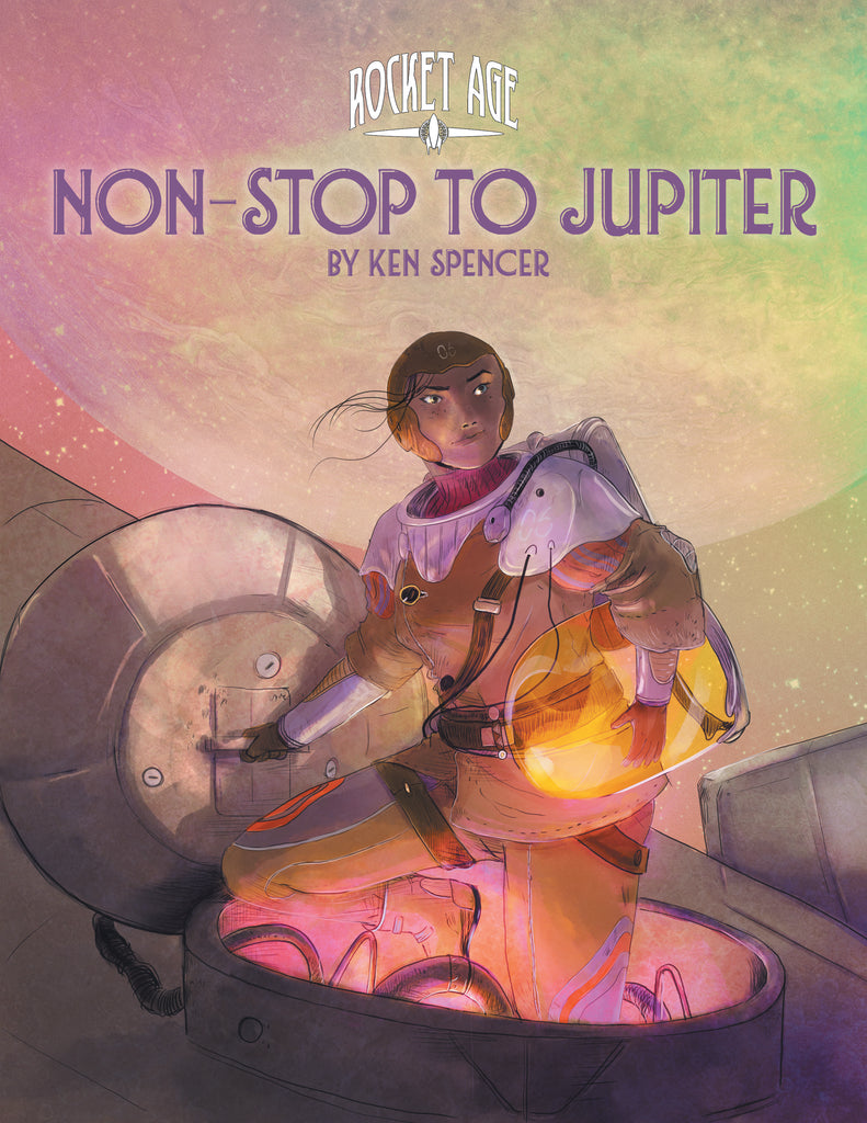 A female is outside the hatch of a starship with her helmet off.  A massive moon dominates the sky and stars fill in all around it.  Cover reads: "Rocket Age: Non-Stop to Jupiter".