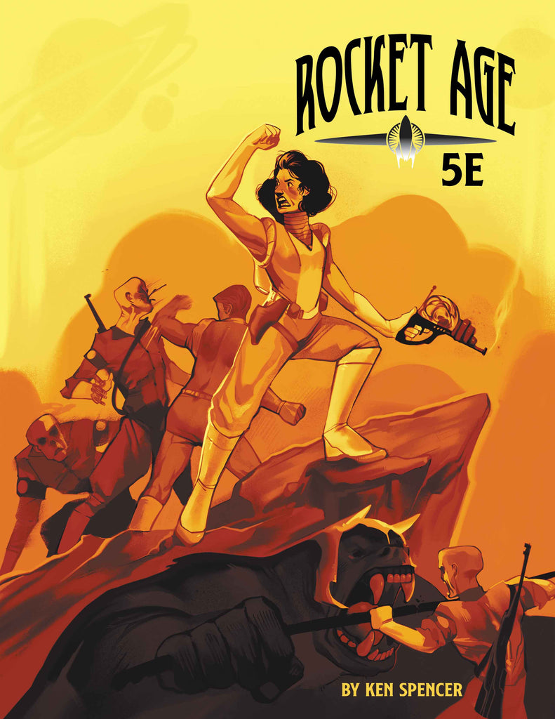 A modern female holding a futuristic weapon leads forces forward in battle against a uniformed force with dark eye sockets and oblong shaped heads. .  A massive cave troll fights along side her.  Cover reads: "Rocket Age: 5E".