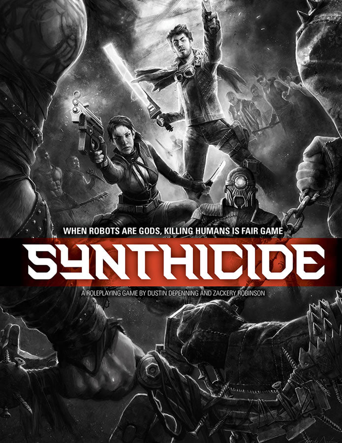 We see a man pointing a gun and holding an Energy Sword. A woman points her gun and holds an Energy Dagger.  They seem to be protecting a robot humanoid that is down and appears helpless.  A gang with primitive weapons surrounds them.  Cover reads: "Synthicide: When Robots are Gods, Killing Humans is Fair Game".