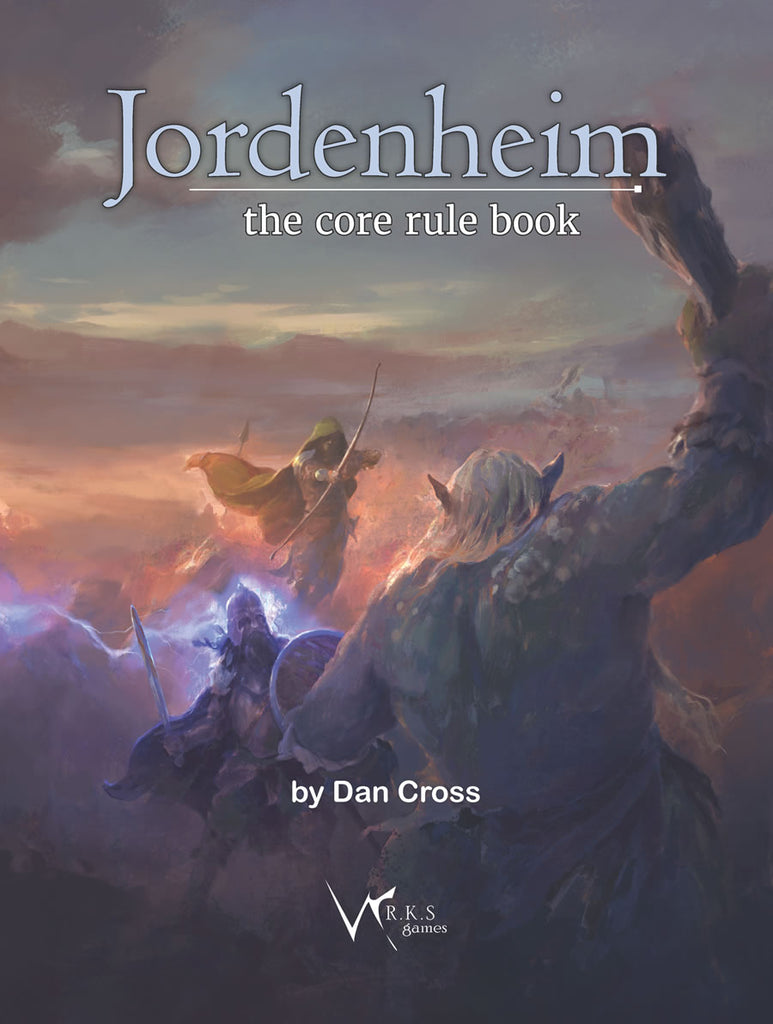 A battle rages in the valley. A large orc raises his club to smash the fighter standing before him as a ranger fires arrows from a distance.  Cover reads: "Jordenheim: the core rule book".