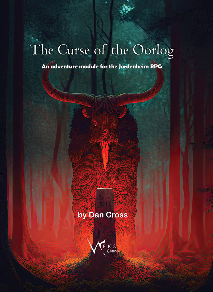 In a dense wood, there stands an obelisk that emanates a light, bright red glow.  Behind the obelisk stands an image of a Bison Humanoid wrapped tightly in robes, head looking downward.  Cover reads: "The Curse of the Oorlog: An adventure module for the Jordenheim RPG".