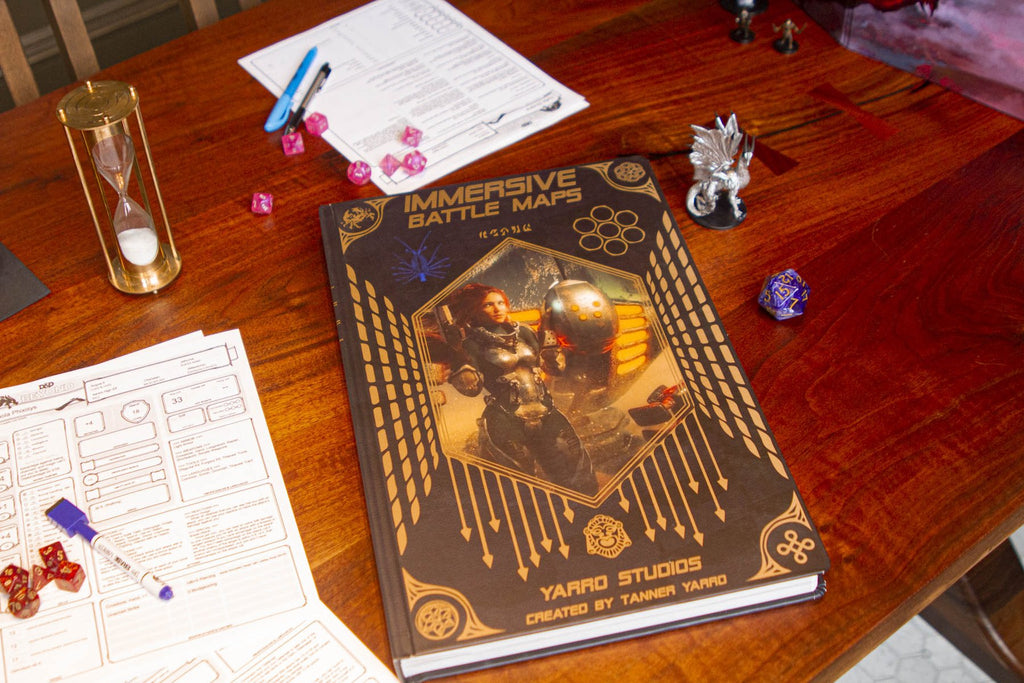 The book is photographed on a game table surrounded by dice, miniatures, etc... On the book cover we see a female in a space suit, her egg-shaped helmet is off and to her side.  Cover reads: "Immersive Battle Maps".