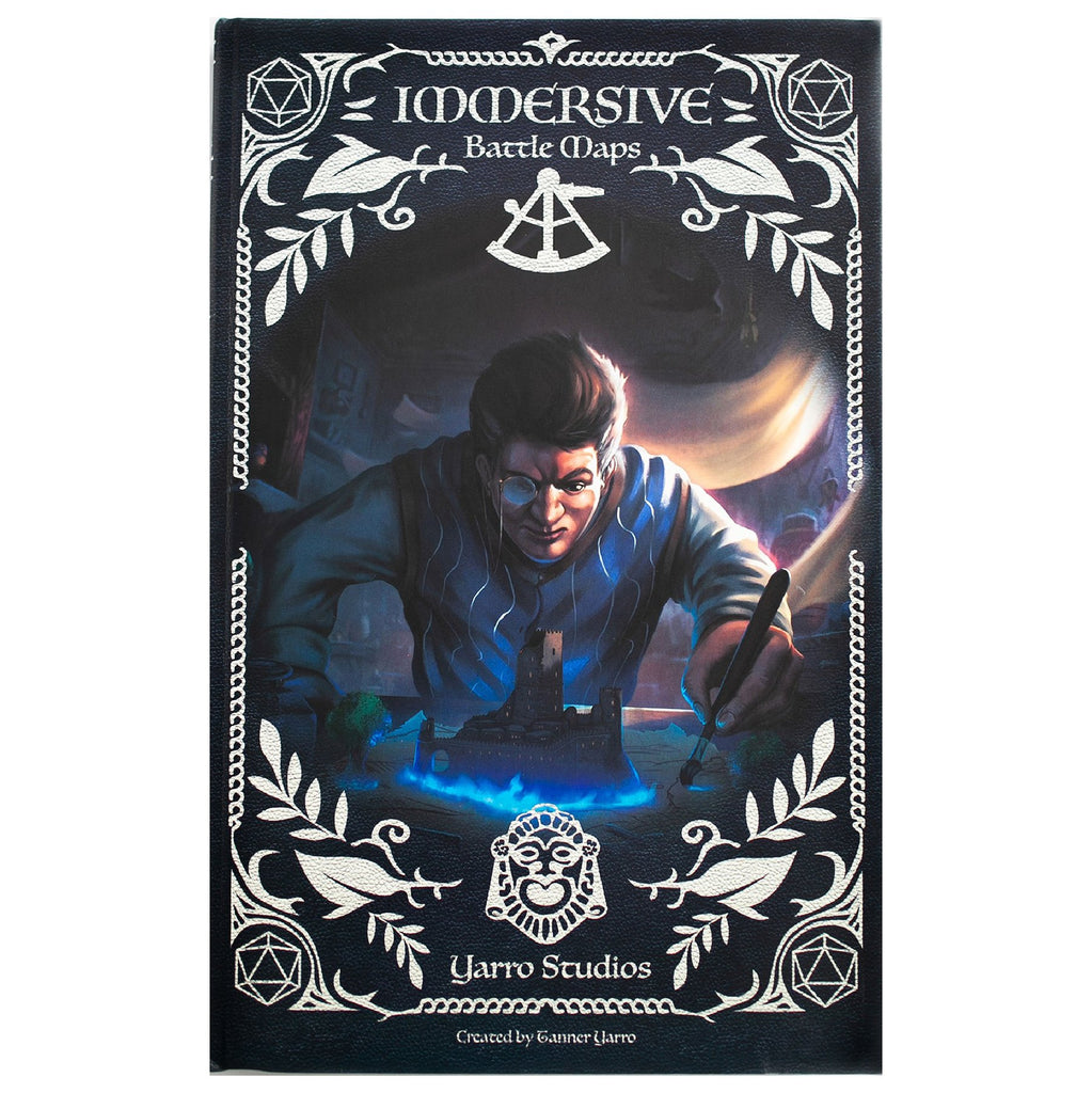 A man is wearing a spectacle and holding a paint brush.  Terrain springs to life as he moves his brush.  Trees and castles appear through a mystical blue flame.  Cover reads: "Immersive Battle Maps".